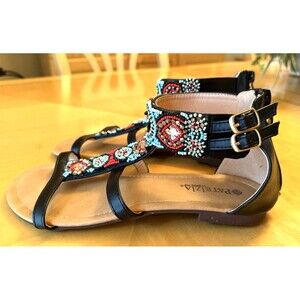 Patrizia Sz 38 (7.5) Women's Gladiator Sandals Rhinestones Beaded T-Strap Shoes